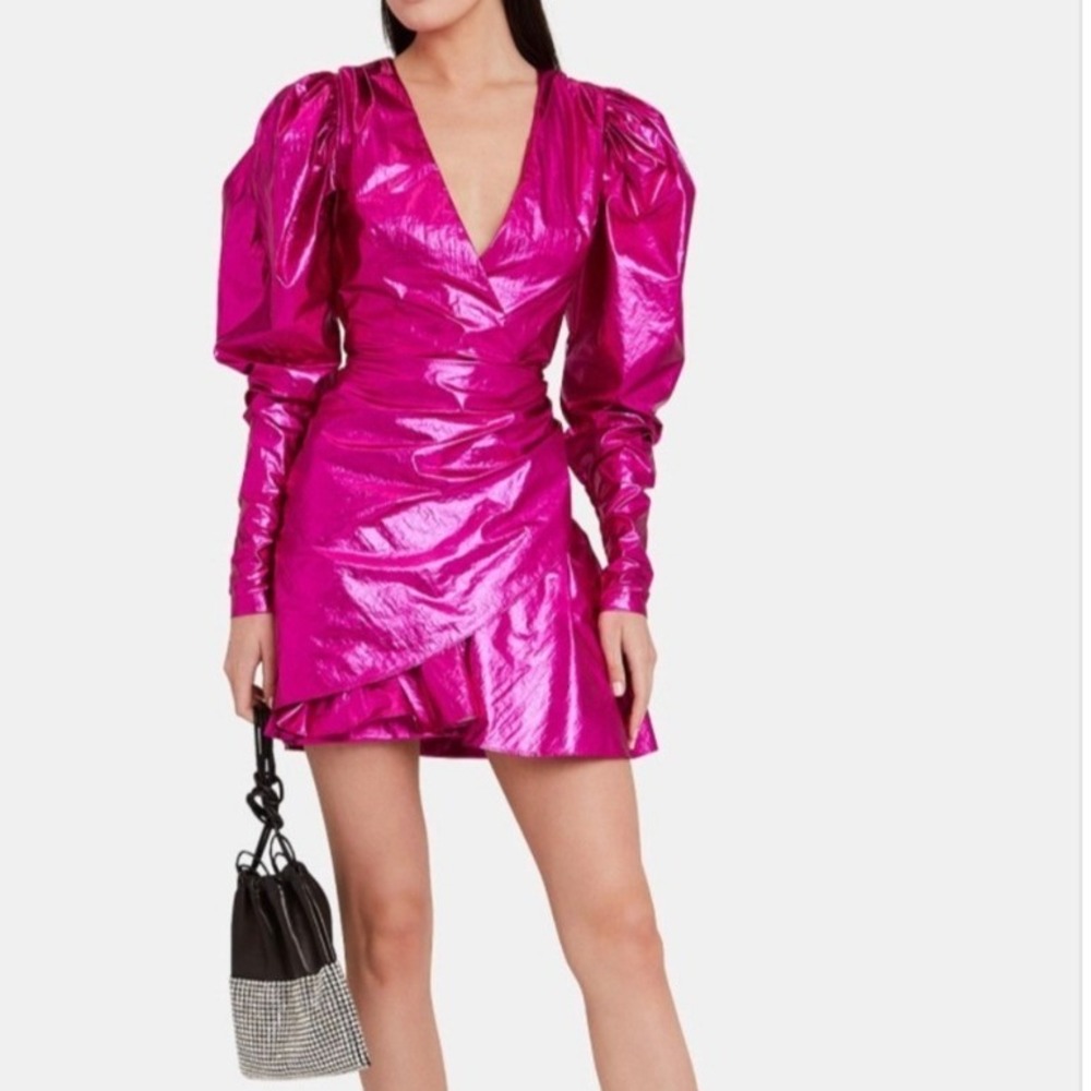 ROTATE Birger Christensen Lame Mini Dress Women 4 Metallic Pink Puff Sleeve